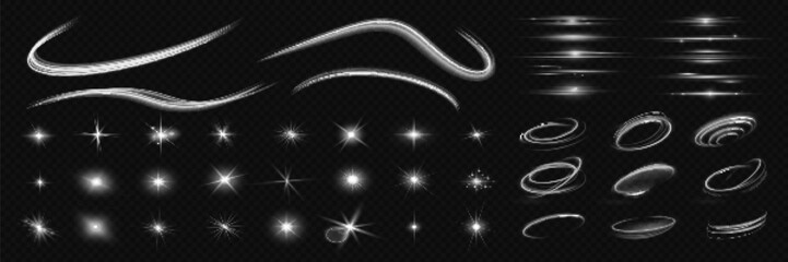 Glow isolated white transparent light effect set, glitter, line, sun flash, dust, stars, sunlight, spotlight, swirl, spiral, portal or tunnel, rings. Abstract special effect.