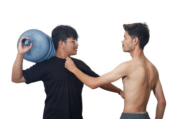 Two young men in a confrontation, one holding a large water jug, isolated on white