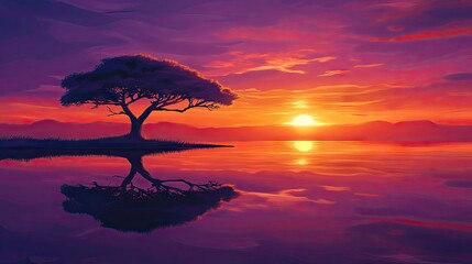 A solitary tree stands by a tranquil lake at sunset.