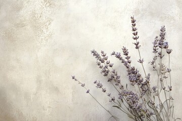 Lavender stems against a textured beige backdrop create a peaceful, simple, and elegant floral still life.