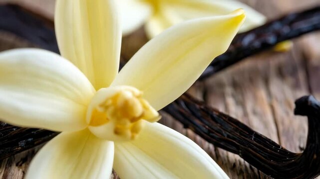 Elegant Vanilla Flower and Dark Vanilla Beans Displayed on Rustic Textured Wooden Background, Close-Up Still Life