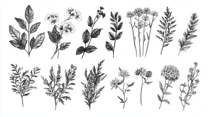 Collection of floral and botanical elements. Set of leaf, foliage wildflowers, plants, bloom, leaves and herb. Hand drawn of blossom spring season vectors for decor, website, graphic and shop. illust