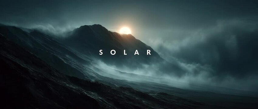 Dark silhouette of mountains against teal sky as sun sets behind, rolling fog moves slowly across the frame. The word "SOLAR" overlayed.