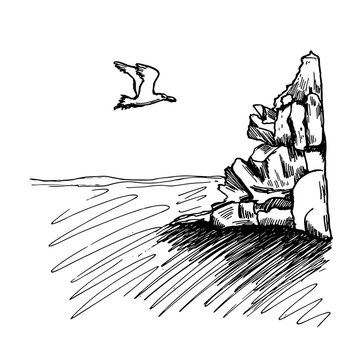 Cliff, water and flying seagull black white outline vector illustration. Minimalist pen style drawing of wild coastal scene for travel notebooks, and marine prints. Monochrome nautical line sketch.