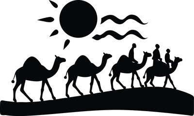 Desert Camels Walking at Sunset Silhouette Vector Art