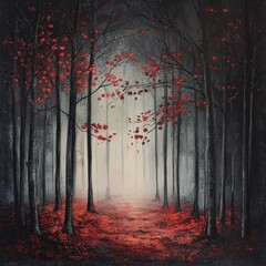 A misty forest path, carpeted in crimson leaves.