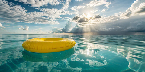 A high-resolution photo of a bright yellow pool float, glossy texture, centered and floating calmly on serene aqua-blue sea.