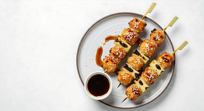 Japanese yakitori chicken skewers glazed with tare sauce, vertical studio photo, top-down view, isolated on white background