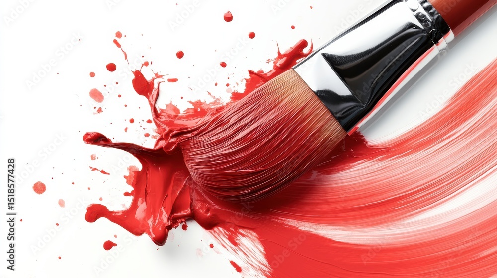 Poster a close-up of a paintbrush with vibrant red paint, creating a dynamic splash against a white backgro