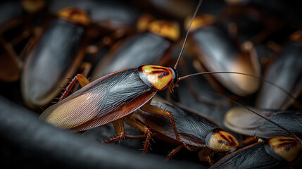 Close-up of group of cockroaches with detailed view of shell and antennae in dark setting