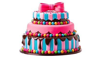 Colorful three tiered celebration cake decorated with bows and striped fondant for occasions