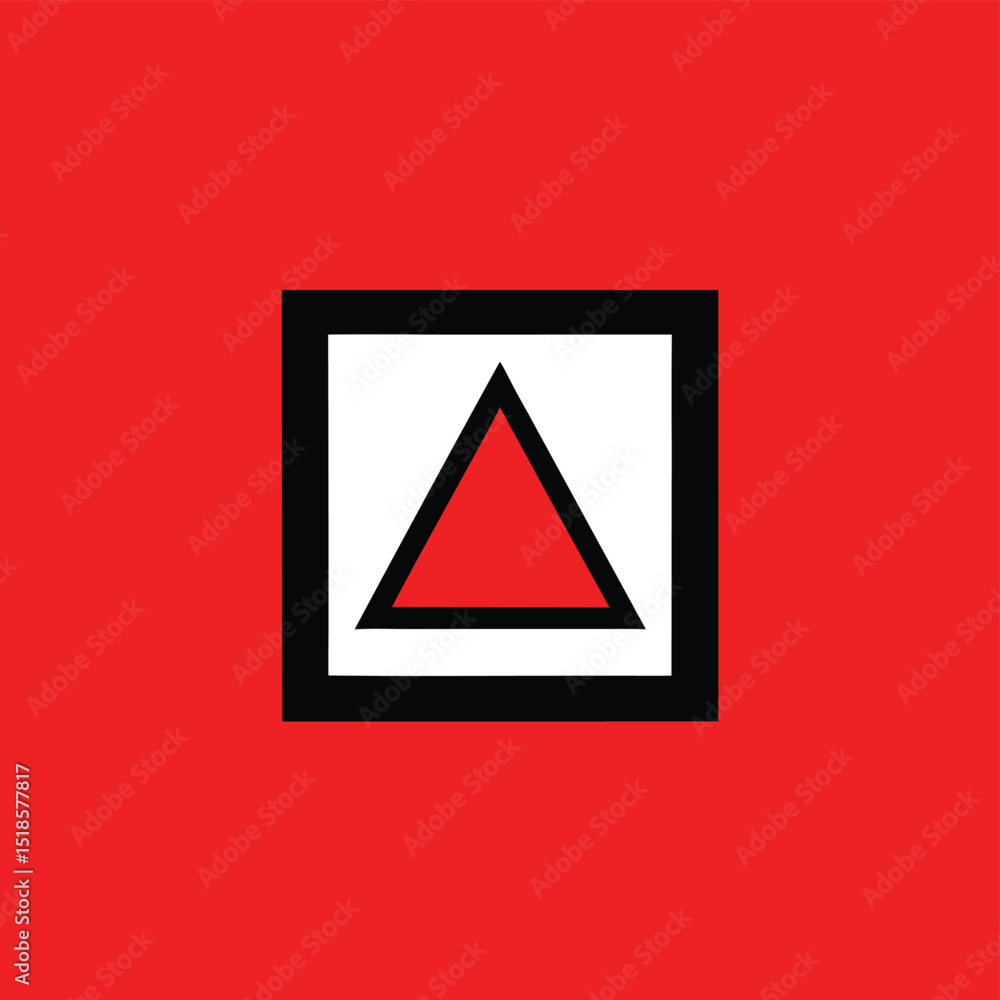 Poster abstract graphic composition featuring a red triangle within a white box on a red background