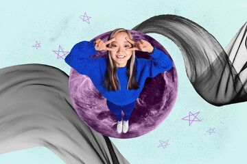 Banner 3d poster art collage of happy girl guy stand space galaxy moon planet cosmos discovery...