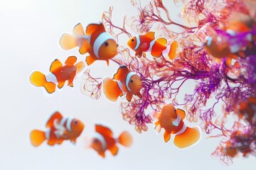 A vibrant group of clownfish swim playfully amongst coral, creating a colorful and lively underwater scene.