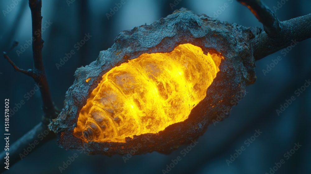 Poster a glowing nest on a branch at twilight