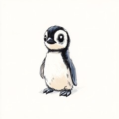 Naklejka premium Cute cartoon penguin illustration with large expressive eyes, standing upright on a light background, showcasing its adorable features and playful character