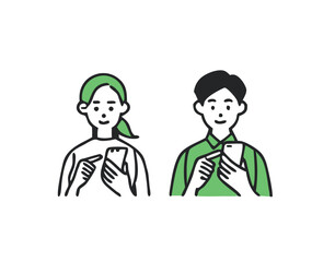 A simple vector illustration of a young man and woman using mobile on a smartphone. Smartphone payment, apps, SNS, cashless, cashless, online shopping. 