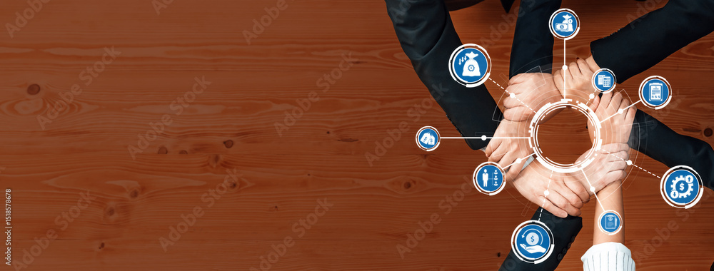 Poster this image illustrates teamwork in a modern workspace, showcasing hands reaching together with digit