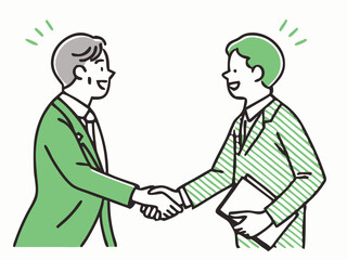 Initial effect: Illustration of a business person shaking hands with a good first impression. A young man and a middle-aged man in suits shaking hands.