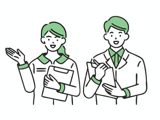 Set of men and women in casual clothes doing fist pumps. Male and female illustrations of pharmacists and doctors giving good signs with a smile. 