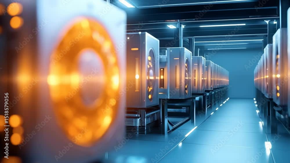 Poster futuristic computer server equipment with glowing orange ring element in a data center, showcasing t