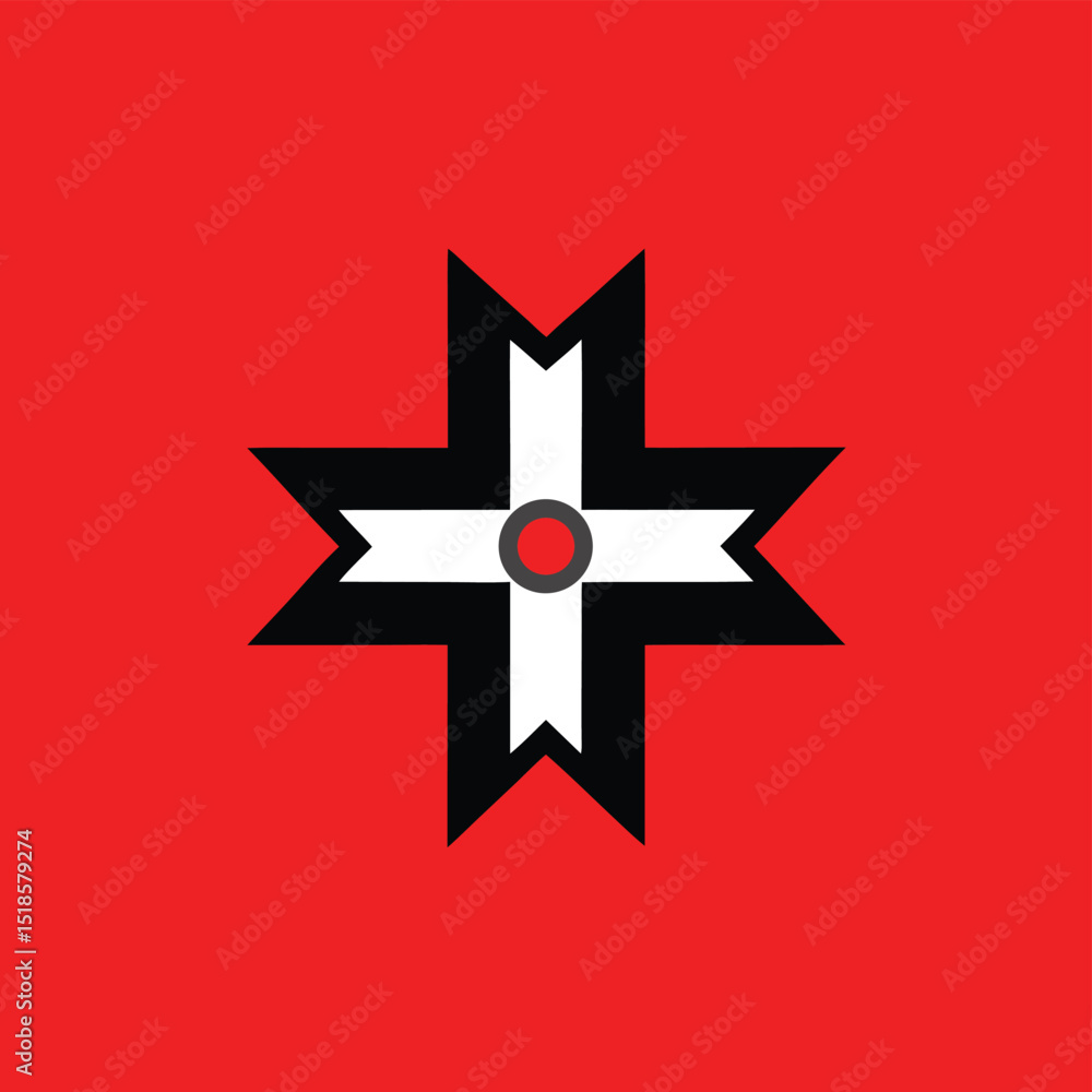 Poster abstract geometric cross shape design in red black and white with a red circle center