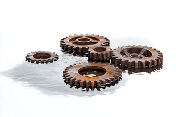 Rusty gears partially submerged in water, creating reflections on a bright, white background, symbolizing mechanical failure.