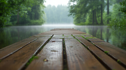 Old wooden bridge over still pond surrounded by misty forest  