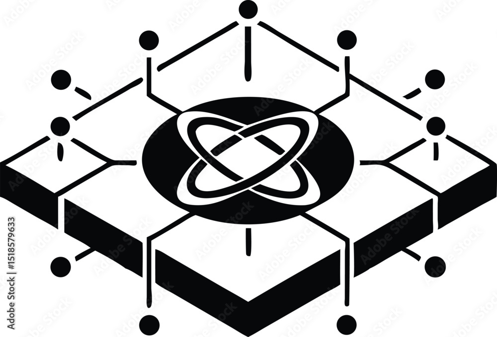 Poster futuristic isometric quantum computing symbols with transparency on a white background