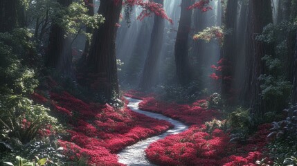 A path winding through a mystical forest filled with vibrant red flowers.