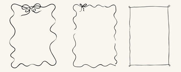 Set bow frames template with space for text. Hand drawn frames with bows ribbons isolated on background. Vertical border frame cards