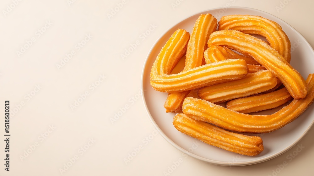 Poster tempting cinnamon sugar churros on left plate with right side kept minimal for design and presentati
