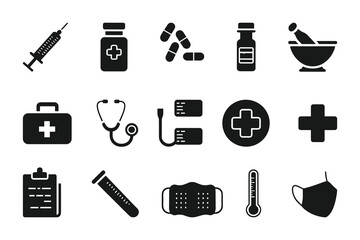 Medical and Pharmaceutical Icon Set  Vector Healthcare Symbols for Medicine, Pharmacy, and Hospital Use.