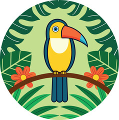 Colorful Toucan Illustration Perched on a Branch with Flowers and Tropical Leaves in a Circular Frame Perfect for Children s Books and Educational Materials