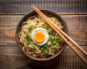 Ramen Noodles with Egg and Chopsticks Top View