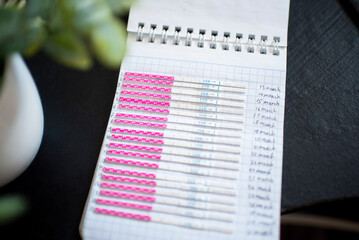home ovulation tests, glued to a notebook to track changes and dynamics. The notebook is on a black...