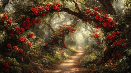 Rose-covered path in a mystical forest.