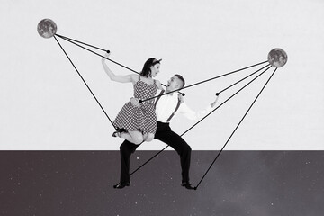 Sketch image trend artwork 3D photo collage of moon cosmos planet young couple man lady dance passion dynamic culture beauty pose elegance