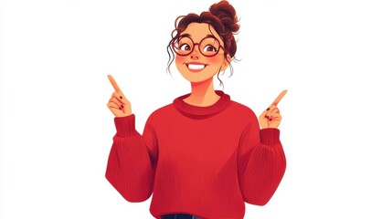 Lucky beautiful Caucasian female crosses fingers , hopes all wishes come true, wears oversized red sweater and spectacles, isolated over white background. People, body language and happiness illustra