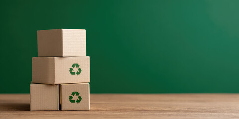 Three cardboard boxes with recycling symbols are stacked on a wooden surface. Eco-friendly packaging concept