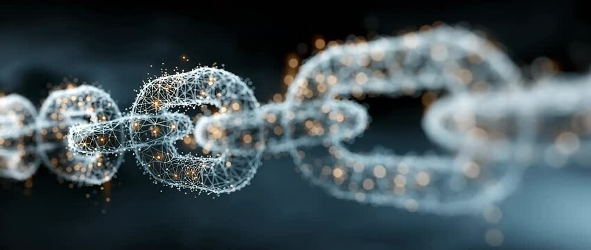 A digital chain dissolves into glowing particles mid-air, representing blockchain or security breach, floating against dark background.