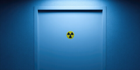 A closed door with a yellow radiation symbol is centered, highlighted by blue lighting. Concept: Caution and safety warning