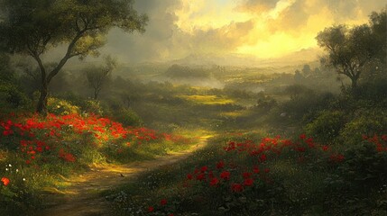 Gentle sunlight illuminates a rural landscape dotted with wildflowers.