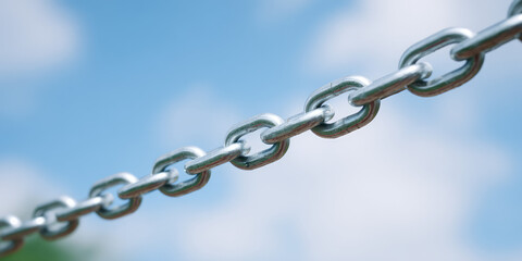 Fototapeta premium A metallic chain stretches horizontally against a backdrop of sky and clouds. Strength and connection concept