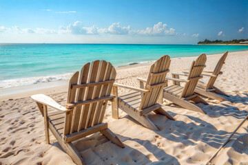 Photo of Three wooden beach chairs sit on a sandy beach facing the turquoise ocean under a clear blue sky with scattered clouds on a sunny day