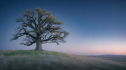 Obraz premium A stunning oak tree stands silhouetted against a colorful sunset sky over a grassy landscape.