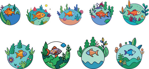 Naklejka premium fish in organic aquarium design set vector illustration