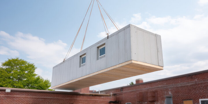 A large prefabricated module is being lifted by a crane above a brick building. Construction, modular, architecture