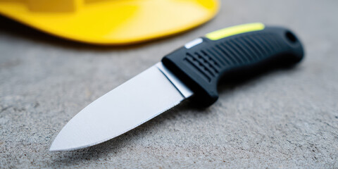 A knife with a black handle lies on a concrete surface near a yellow hard hat. Concept: construction safety and tool readiness