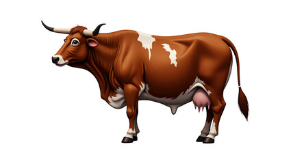 Brown and white cow standing alone on a white background in a farm setting